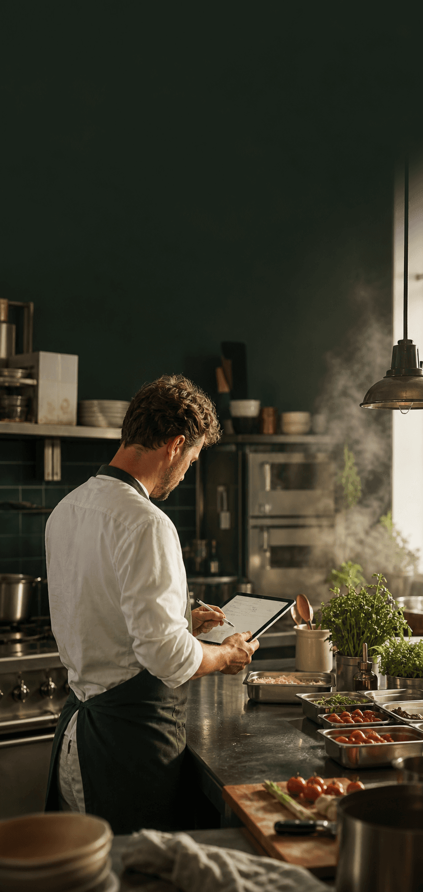 Een kok legt een recept vast op een tablet in de keuken